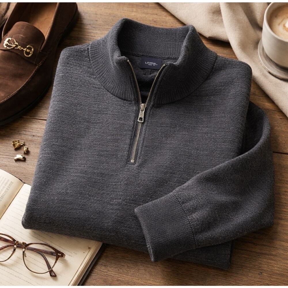 J. Crew Mens Sweater Gray Size L Rugged Merino 1/4 Zip Long Sleeve Wool Blend